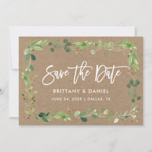 Modern Brush Script Eucalyptus Kraft Save The Date