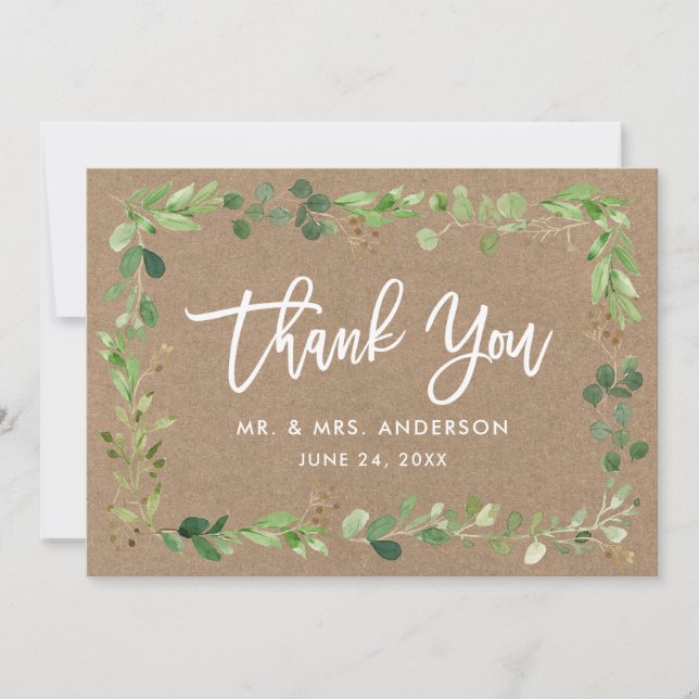Modern Brush Script Eucalyptus Kraft Thank You Card (Front)