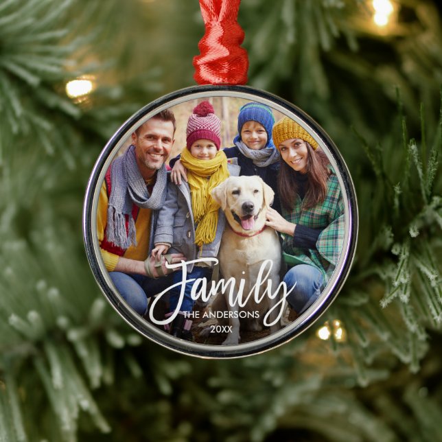 Modern Brush Script Family Photo Round Metal Ornament (Tree)