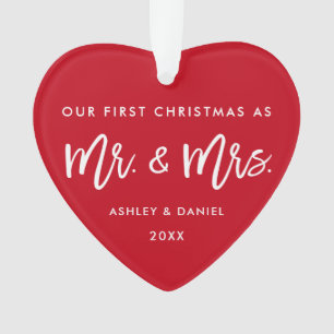 Modern Brush Script First Christmas Mr. Mrs. Red Ornament
