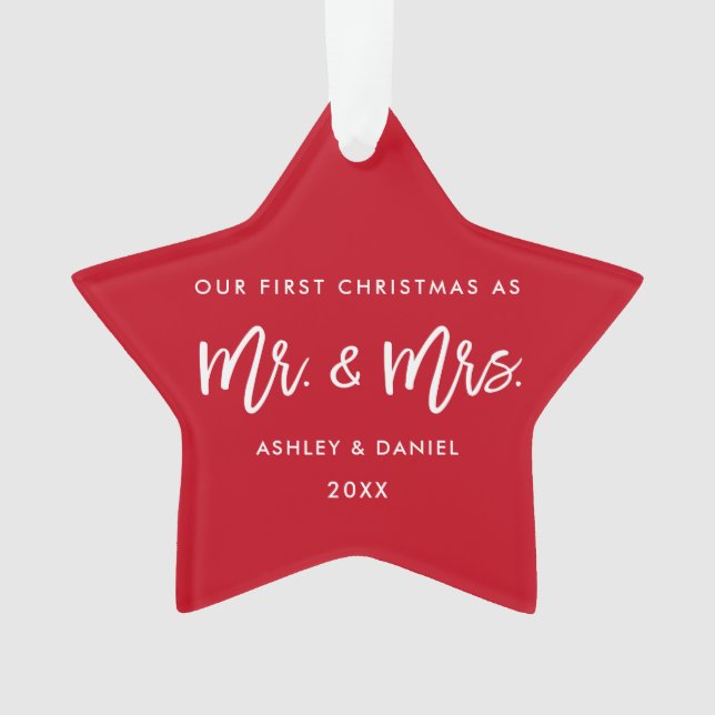 Modern Brush Script First Christmas Mr. Mrs. Star Ornament (Front)