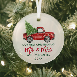 Modern Brush Script First Christmas Red Truck Glass Ornament