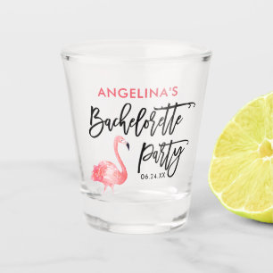 Modern Brush Script Flamingo Bachelorette Party Shot Glass