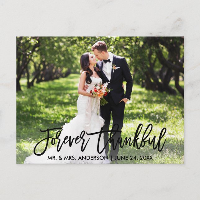 Modern Brush Script Forever Thankful Photo Wedding Postcard (Front)
