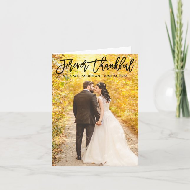 Modern Brush Script Forever Thankful Wedding Note Thank You Card (Front)