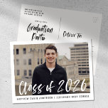 Modern Brush Script Framed Photo Graduation Party Postcard<br><div class="desc">Stylish, modern graduation party invitation postcards featuring the graduate's photo framed in white with "Class of 2025" in a white, watercolor brush script overlay. Personalize the front by adding the graduate's name and school name in black text. The invite reverses to display your return address and graduation party details in...</div>