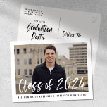 Modern Brush Script Framed Photo Graduation Party Postcard<br><div class="desc">Stylish, modern graduation party invitation postcards featuring the graduate's photo framed in white with "Class of 2024" in a white, watercolor brush script overlay. Personalize the front by adding the graduate's name and school name in black text. The invite reverses to display your return address and graduation party details in...</div>