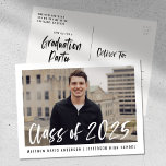 Modern Brush Script Framed Photo Graduation Party Postcard<br><div class="desc">Stylish, modern graduation party invitation postcards featuring the graduate's photo framed in white with "Class of 2025" in a white, watercolor brush script overlay. Personalize the front by adding the graduate's name and school name in black text. The invite reverses to display your return address and graduation party details in...</div>