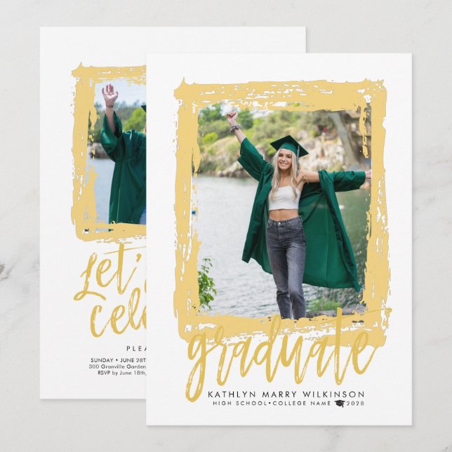 Modern Brush Script Gold 2 Photo Graduation Party Invitation (Front/Back)