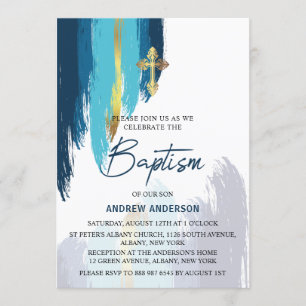 Modern Brush Script Gold And Blue Baptism Invitation