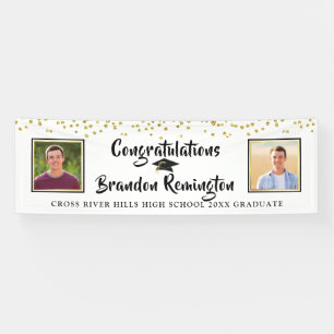 Modern Brush Script Gold Confetti Graduation Black Banner