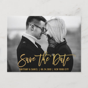 Modern Brush Script Gold Save The Date Photo Postcard