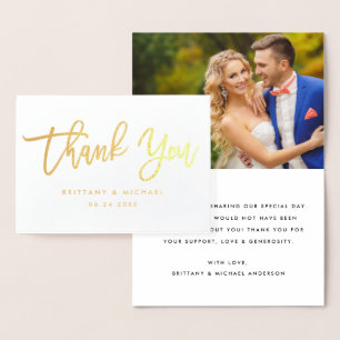 Modern Brush Script Gold Thank You Wedding Photo Foil Card
