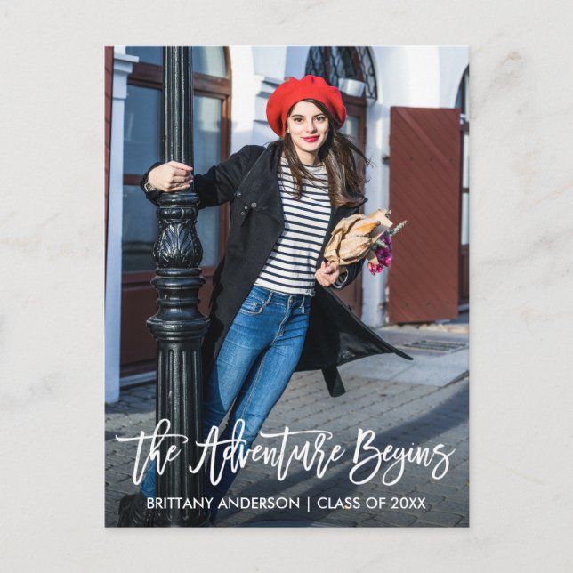 Modern Brush Script Graduation Adventure Begins Postcard (Front)