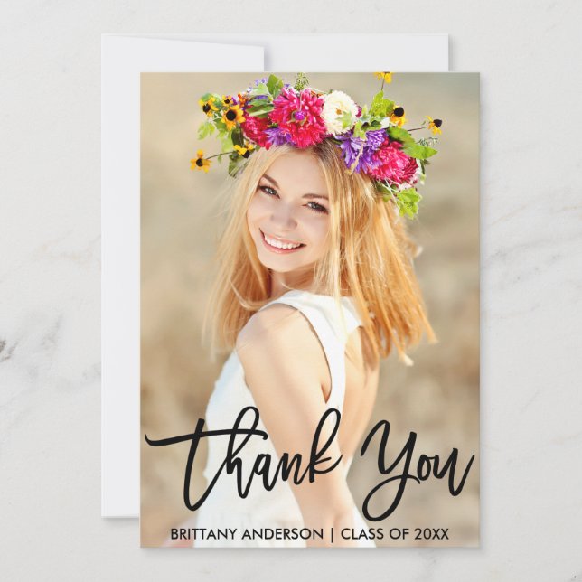 Modern Brush Script Graduation Thank You Card (Front)