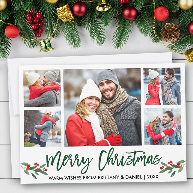 Modern Brush Script Green 5 Photo Merry Christmas Holiday Card (Customize to add text to back of card.)
