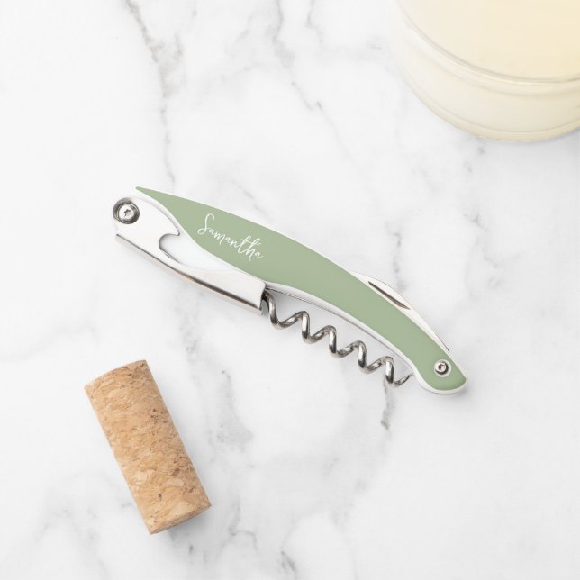 Modern Brush Script Green Bridesmaid Proposal Gift Corkscrew (Front)