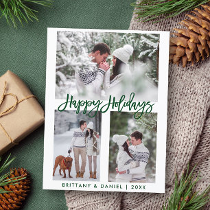 Modern Brush Script Green Happy Holidays 3 Photo Postcard