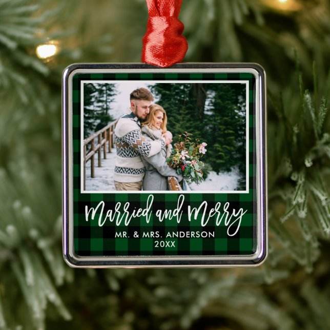 Modern Brush Script Green Plaid Married and Merry Metal Ornament (Tree)