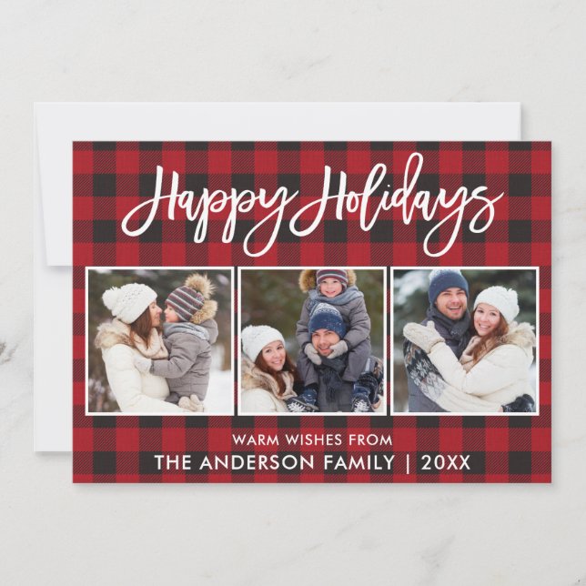 Modern Brush Script Happy Holidays 3 Photo Plaid Holiday Card (Front)