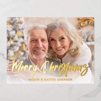 Modern Brush Script Happy Holidays Photo Foil Holiday Postcard