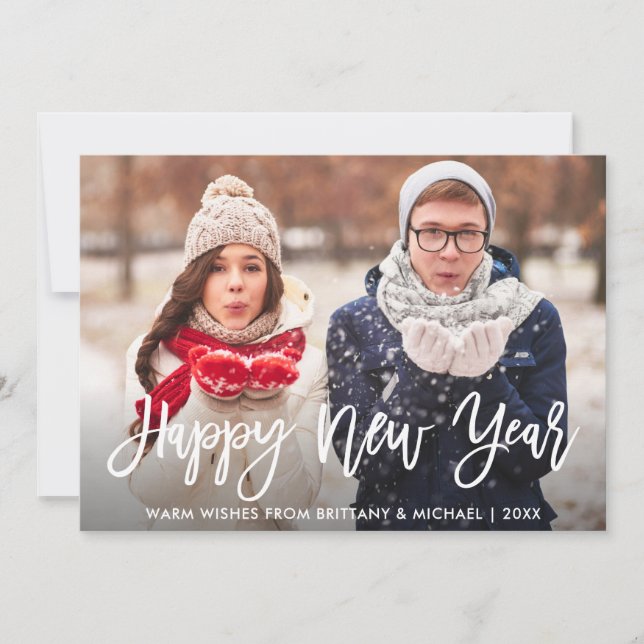 Modern Brush Script Happy New Year Photo Holiday Card (Front)