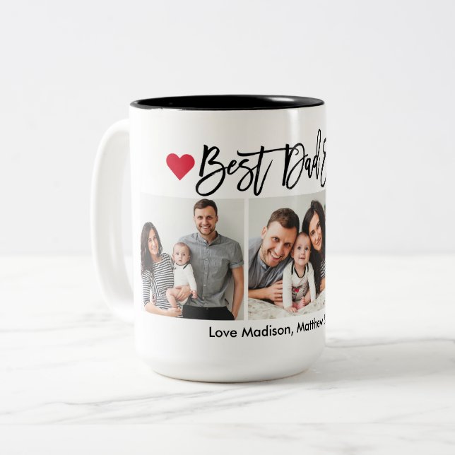Modern Brush Script Hearts 3 Photo Best Dad Ever Two-Tone Coffee Mug (Front Left)