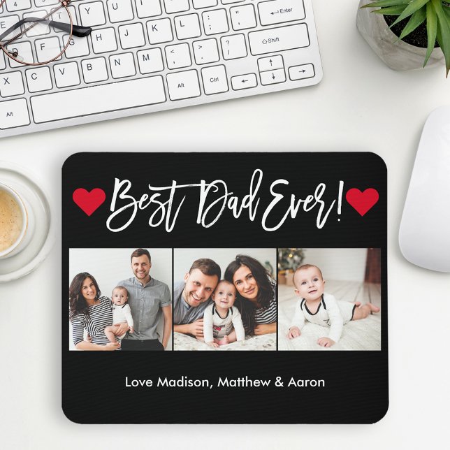 Modern Brush Script Hearts 3 Photos Best Dad Ever Mouse Pad (Customize to change your personalized text size or text style.)