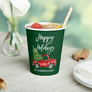Modern Brush Script Holidays Red Truck Green Paper Cups