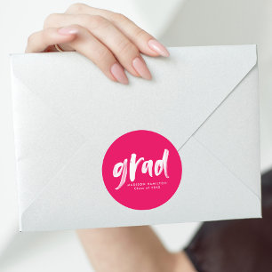 Modern Brush Script Hot Pink Graduation Classic Round Sticker
