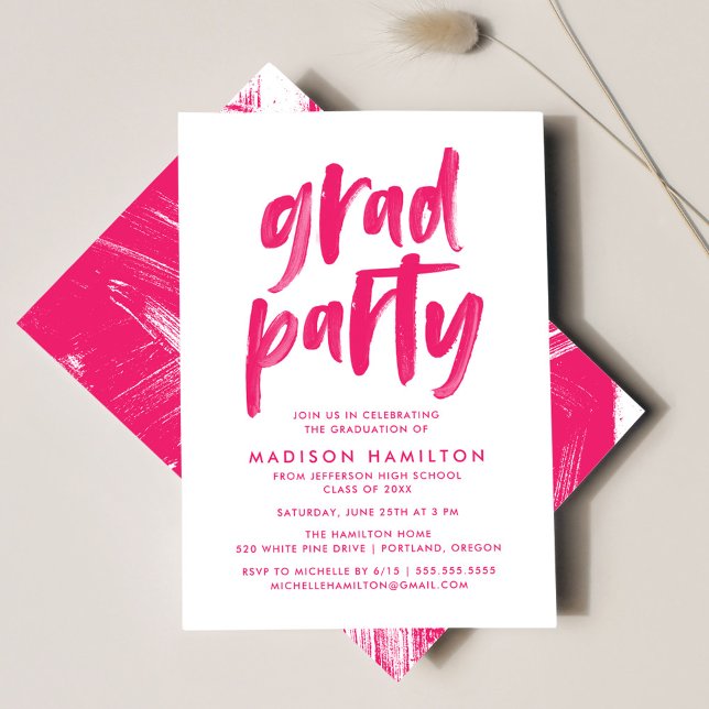 Modern Brush Script Hot Pink Graduation Party Invitation (Creator Uploaded)