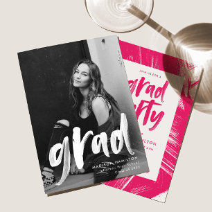 Modern Brush Script Hot Pink Photo Grad Party Invitation