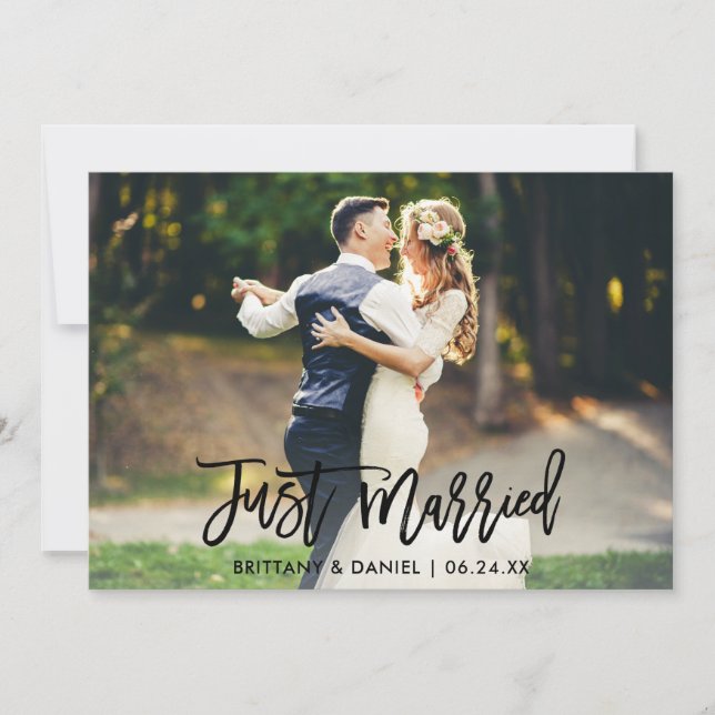 Modern Brush Script Just Married Photo Announcement (Front)