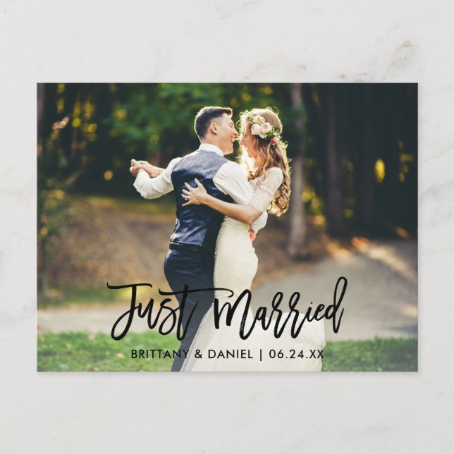 Modern Brush Script Just Married Photo Postcard (Front)