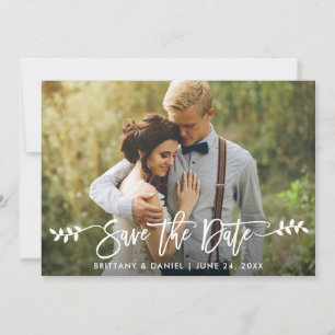 Modern Brush Script Leaves Photo Save The Date