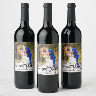 Modern Brush Script Love and Thanks Photo Wedding Wine Label