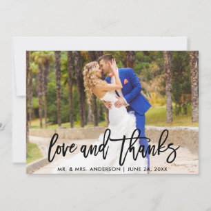 Modern Brush Script Love and Thanks Wedding Photo Thank You Card