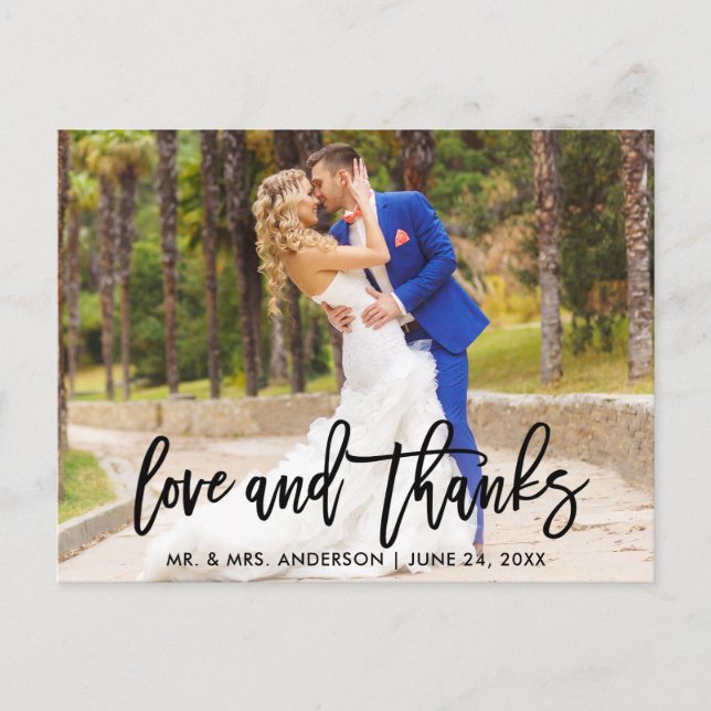 Modern Brush Script Love and Thanks Wedding Postcard (Front)