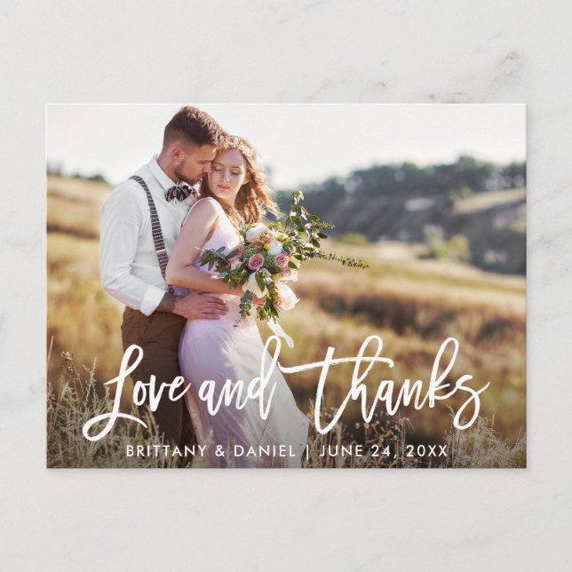 Modern Brush Script Love Thanks | Wedding Photo Postcard (Front)