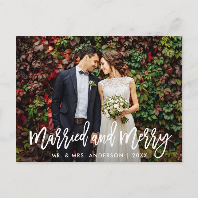 Modern Brush Script Married & Merry Christmas Postcard (Front)
