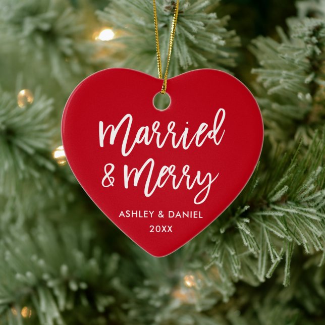 Modern Brush Script Married & Merry Wedding Ceramic Ornament (Tree)