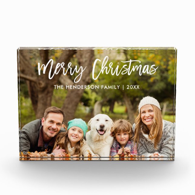 Modern Brush Script Merry Christmas Family Photo Block (Front)