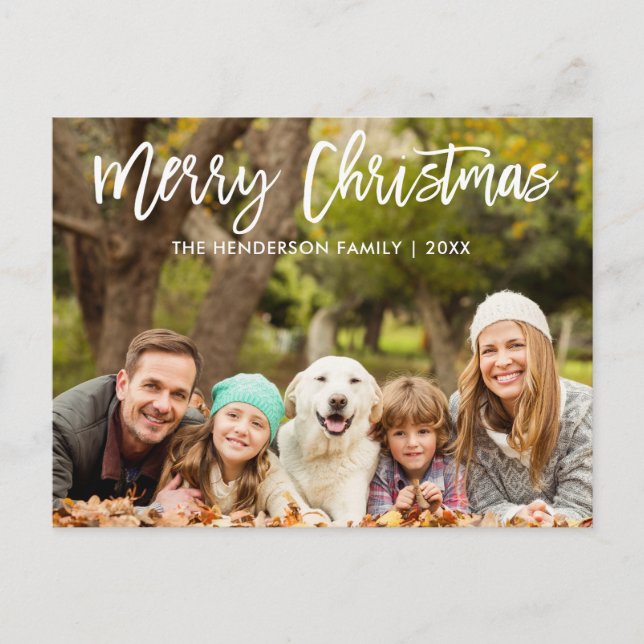 Modern Brush Script Merry Christmas Family Photo Postcard (Front)