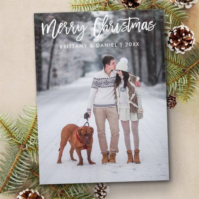 Modern Brush Script Merry Christmas Photo Postcard (Customize to change your personalized text size or text style.)