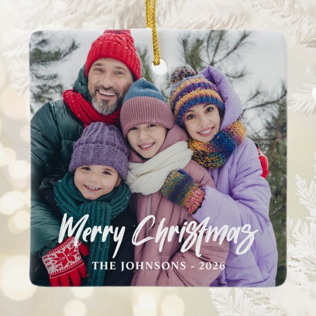Modern Brush Script Merry Christmas Photos Ceramic Ornament (Modern Brush Script Merry Christmas Photos Ceramic Ornament)