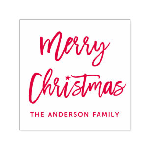 Modern Brush Script Merry Christmas Star Red Self-inking Stamp