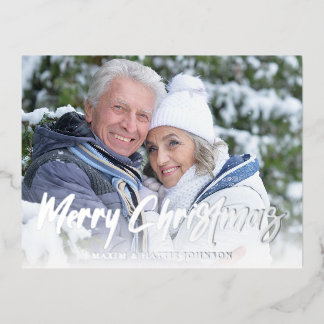 Modern Brush Script Merry Christmas Winter Photo Foil Holiday Postcard