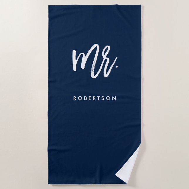 Modern Brush Script | Mr | Navy Editable Colour Beach Towel (Front)