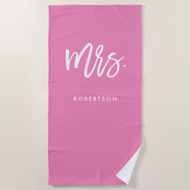 Modern Brush Script | Mrs | Pink Editable Colour Beach Towel (Front)