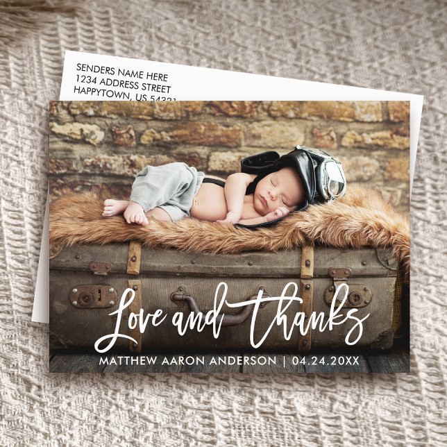 Modern Brush Script New Baby Love and Thanks Wht Announcement Postcard (Customize to change your personalized text size or text style.)